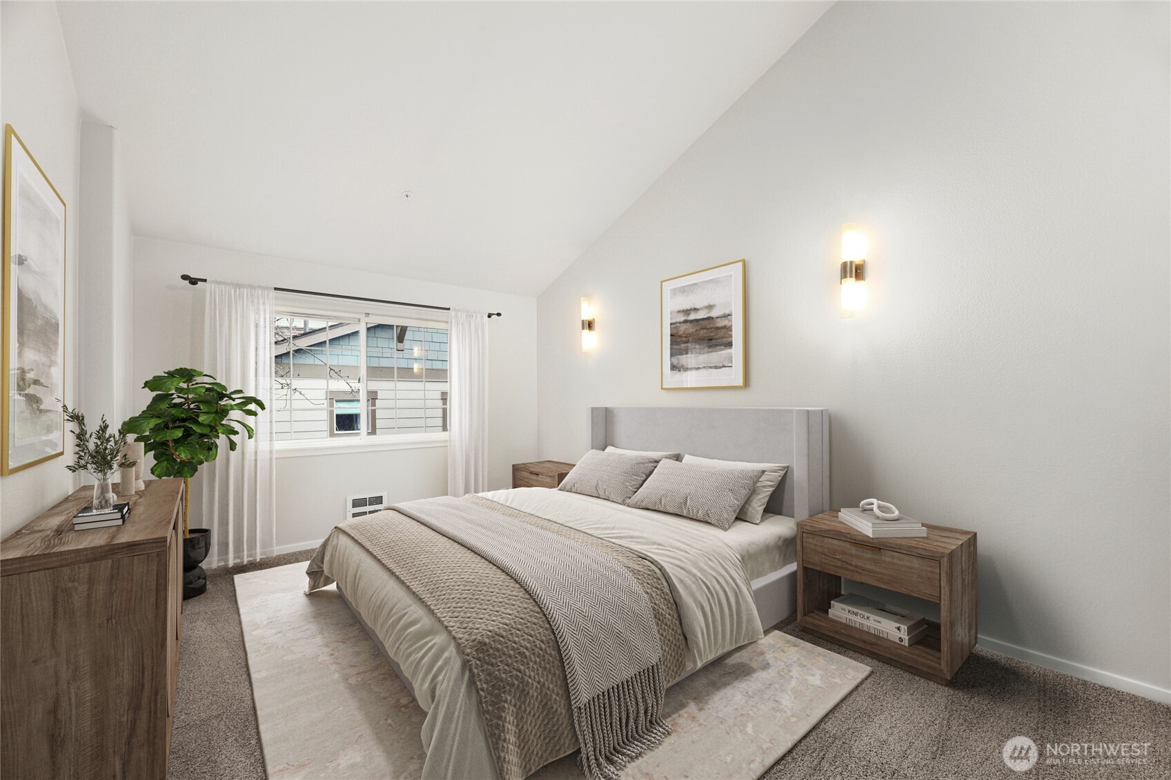 Oversized bedroom with vaulted ceilings.