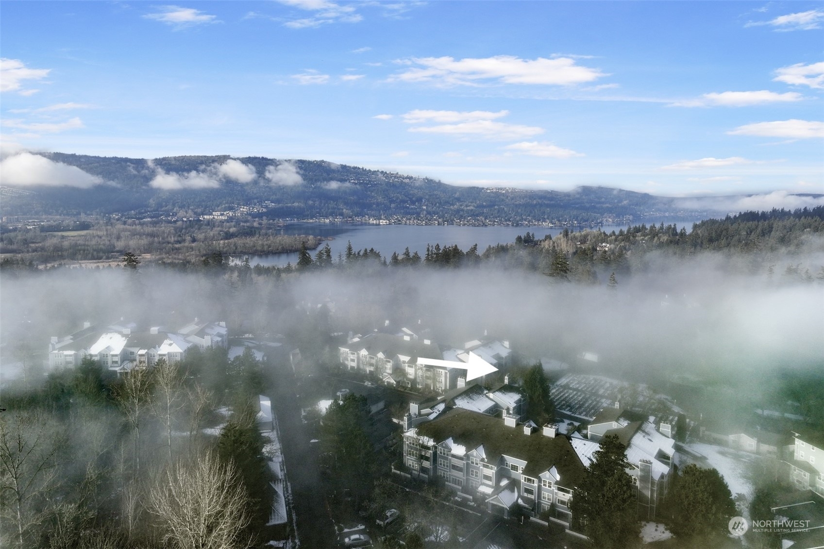 Breathtaking views of the surrounding landscape, including rolling hills, lush forests, and glimpses of Lake Sammamish in the distance