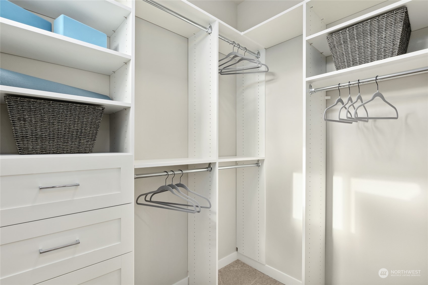 Primary bedroom closet comes with this built-in closet organizer!