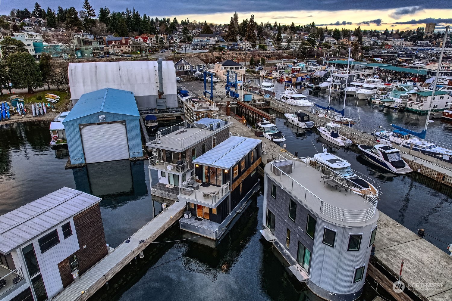 Ariel view North East of the houseboat and dock layout.