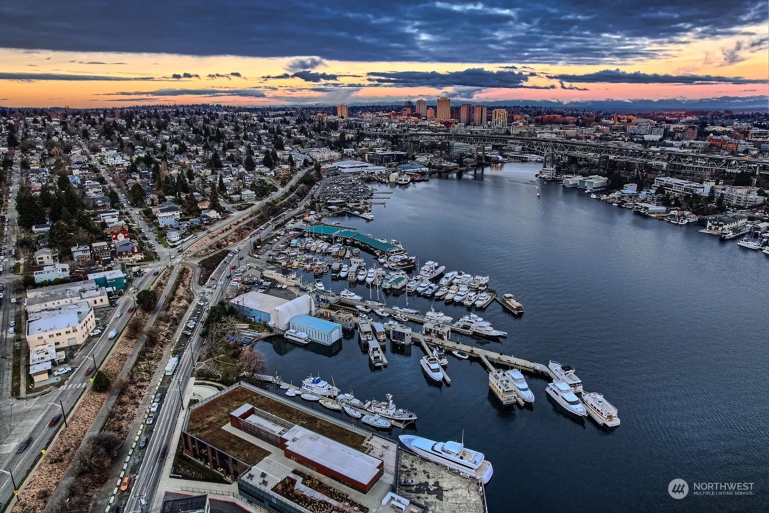 Ariel view East towards the Cascade mountains and Lake Washington.