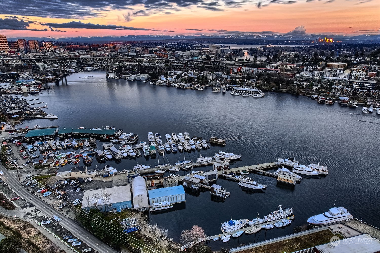 Ariel view East towards Lake Washington you see in the distance and the Cascade Mountains.