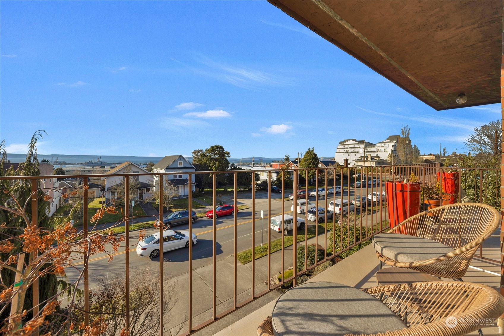 The view from the patio is fantastic-mountains, water and island all in one!