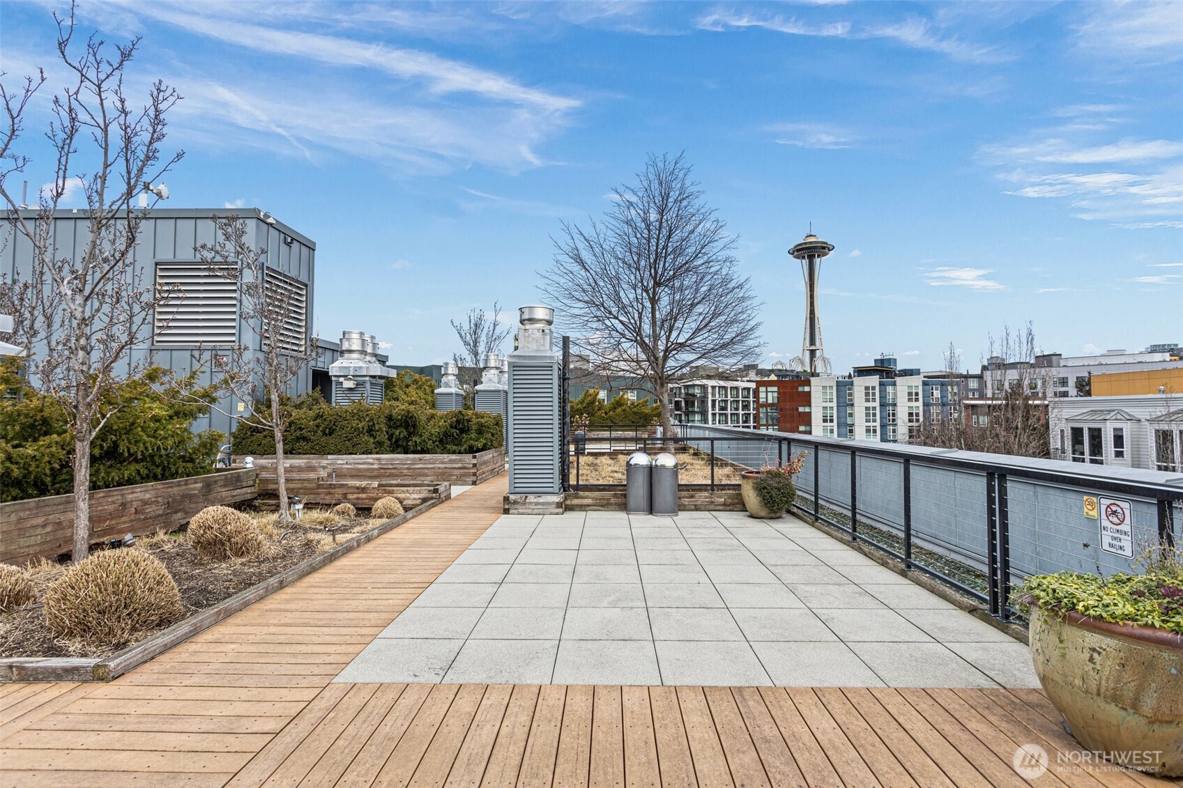 Rooftop deck with city, Space Needle, sound and mountain views