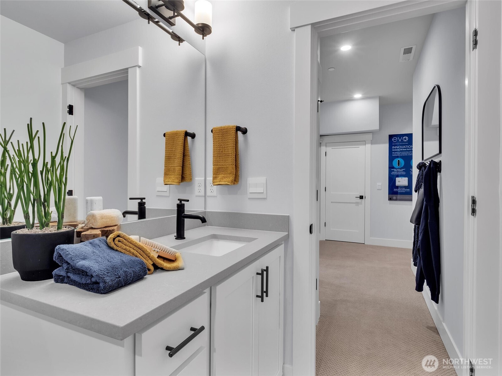 Convenient lower level bath is ready for guests. Photo is of model home-Victorian plan-elements of the Chateau plan can vary