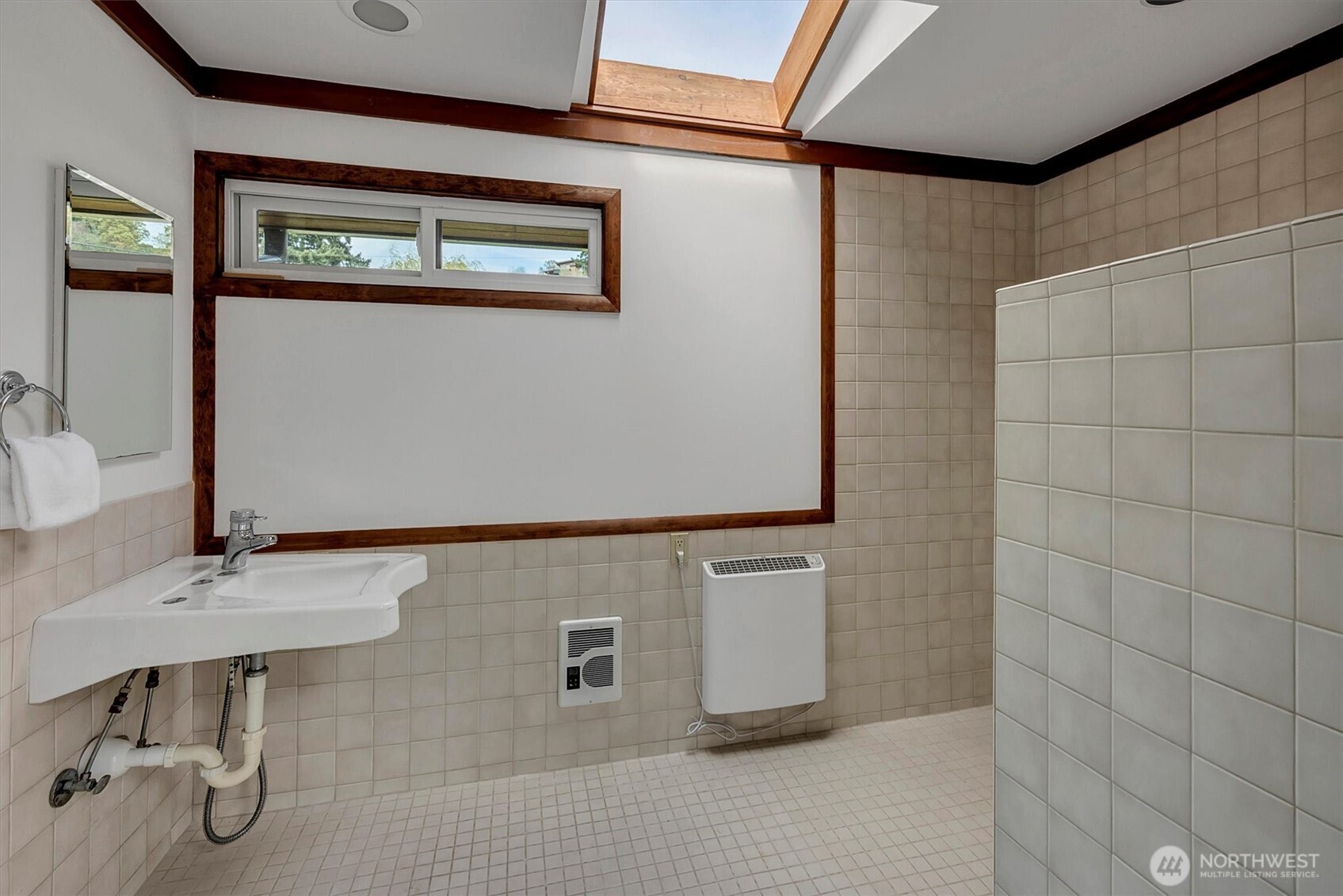 Primary suites bathroom made sunny and bright with a skylight.