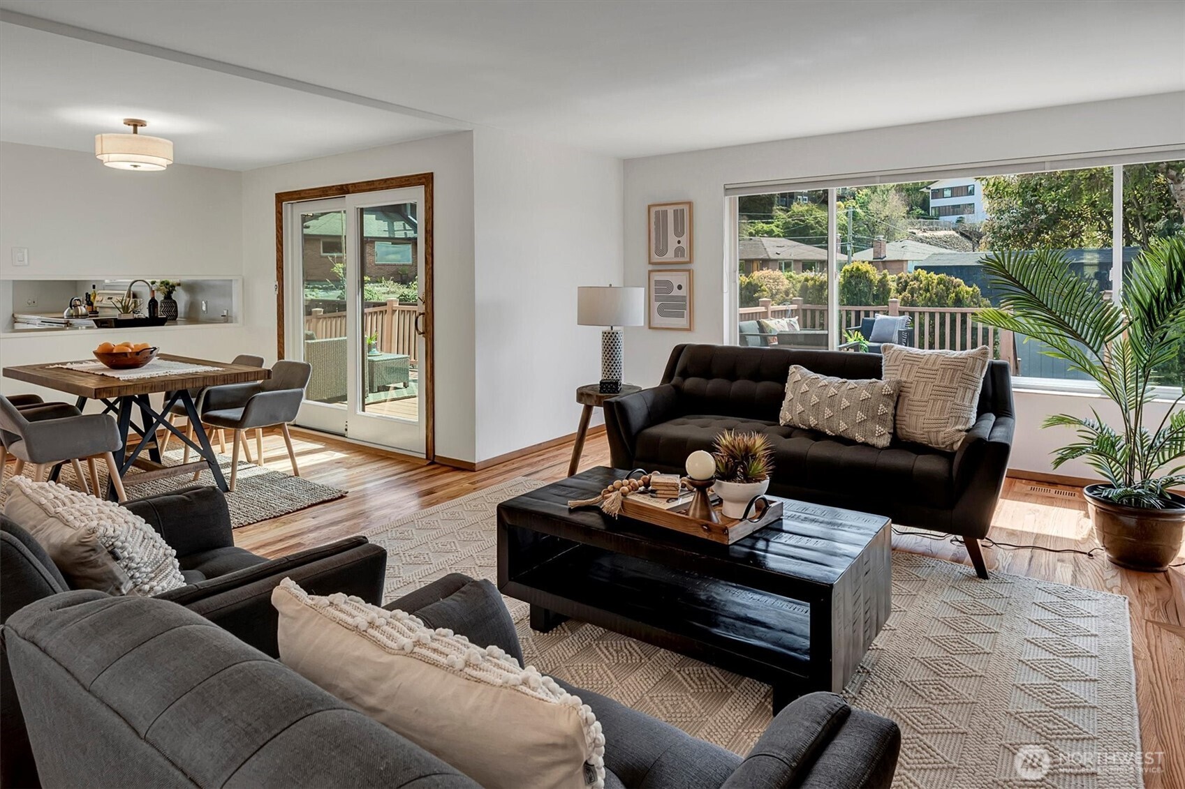 Living room flows into the dining area in this gracious floor plan.