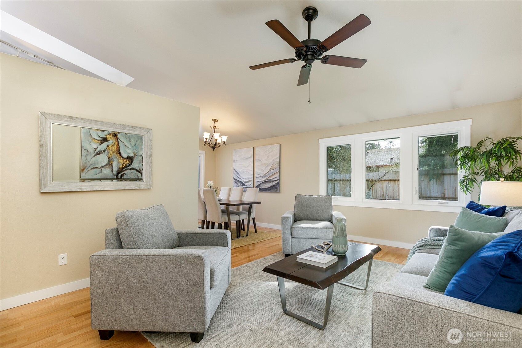 Freshly refinished hardwood floors; note skylight too