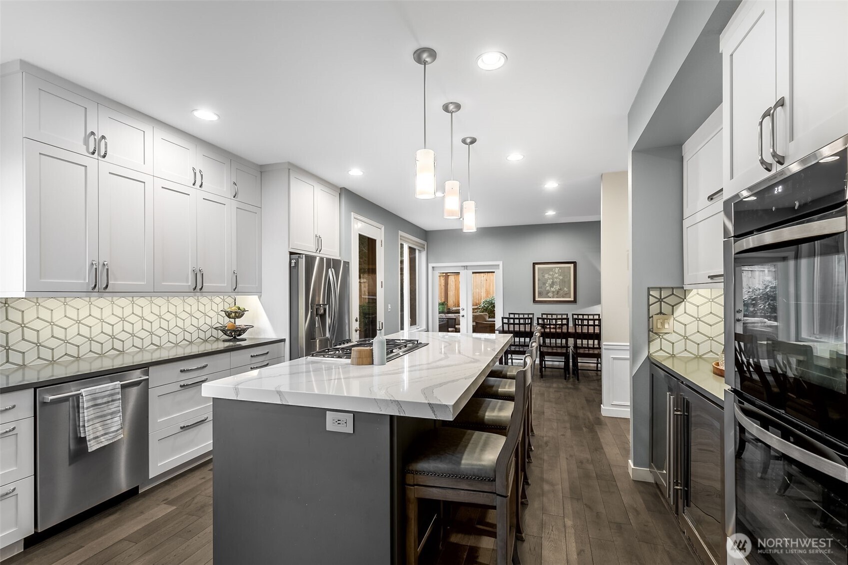 Spacious kitchen with counter dining area