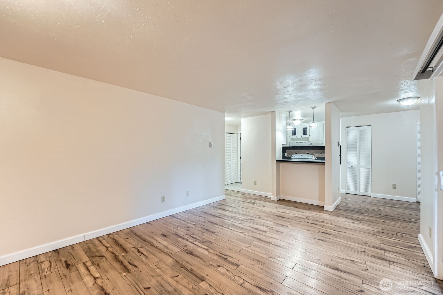 Living room, Kitchen with eating space.