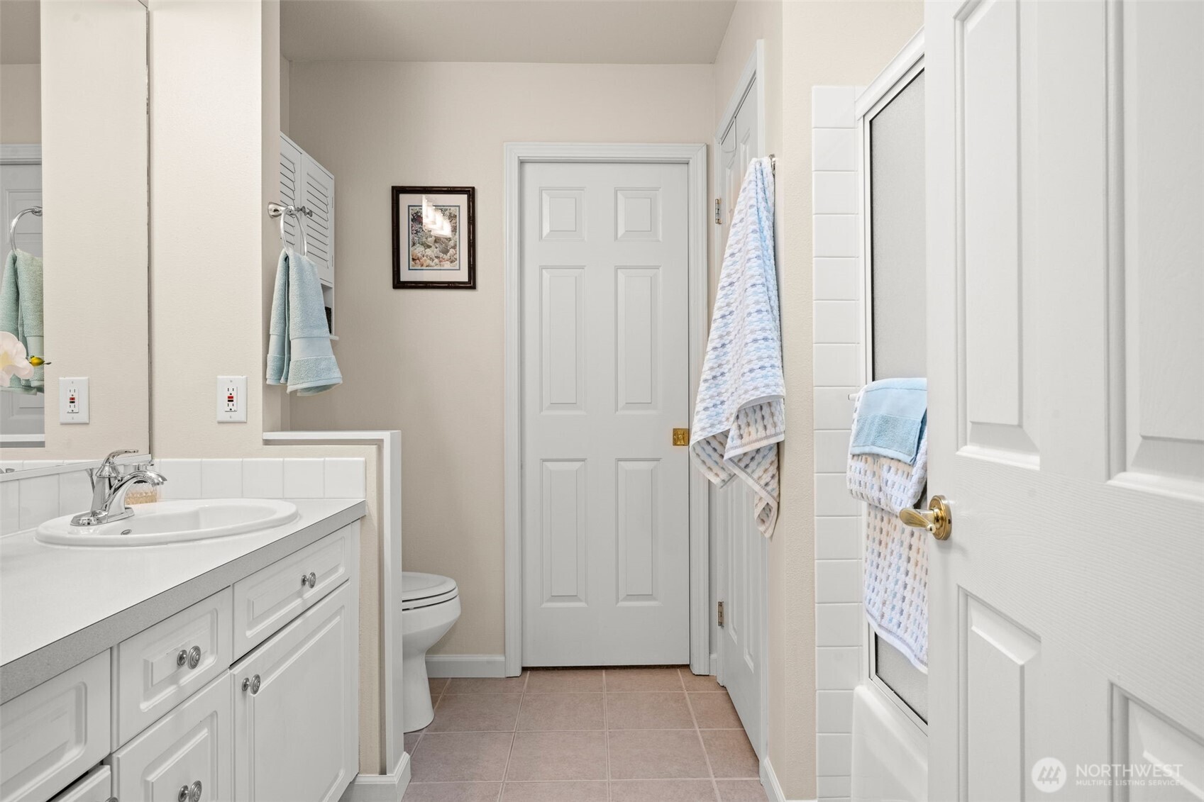 The primary bathroom. The door at the back opens to the walk-in closet. The door on the right, next to the hanging towel opens to a linen closet.