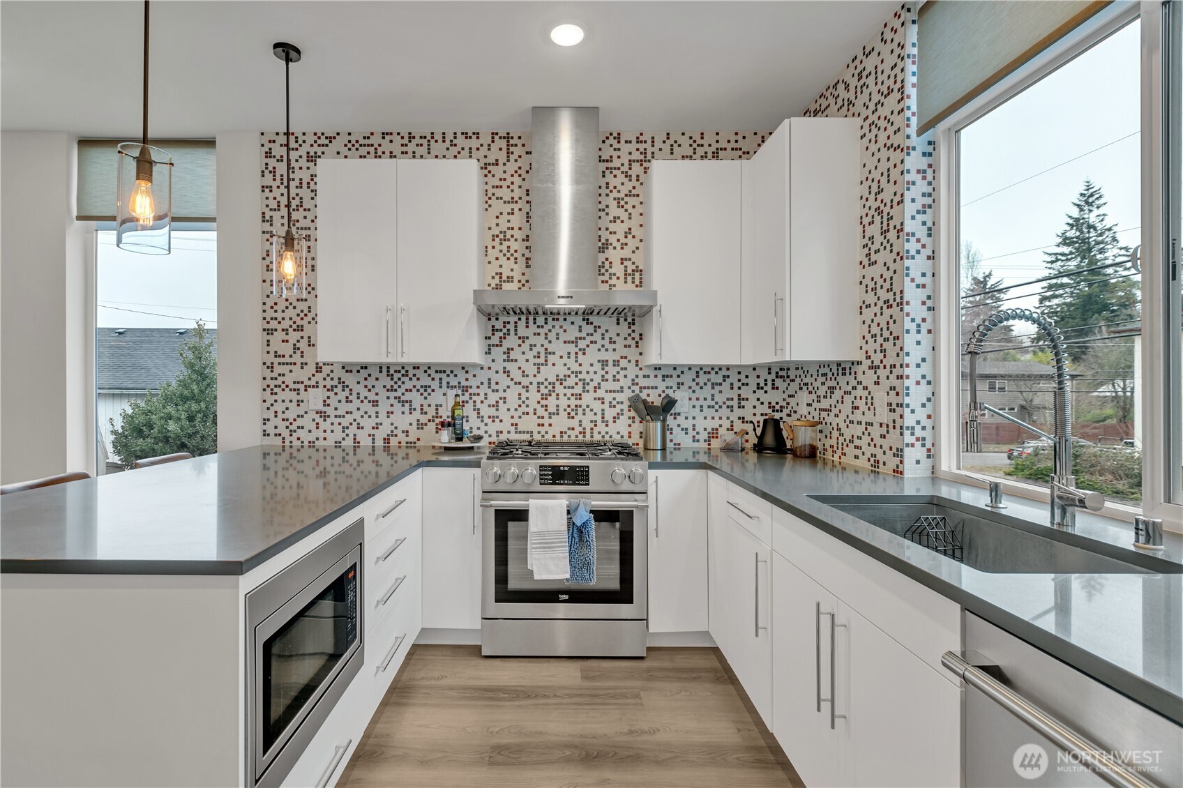 Entertaining views through the large window over the sink.