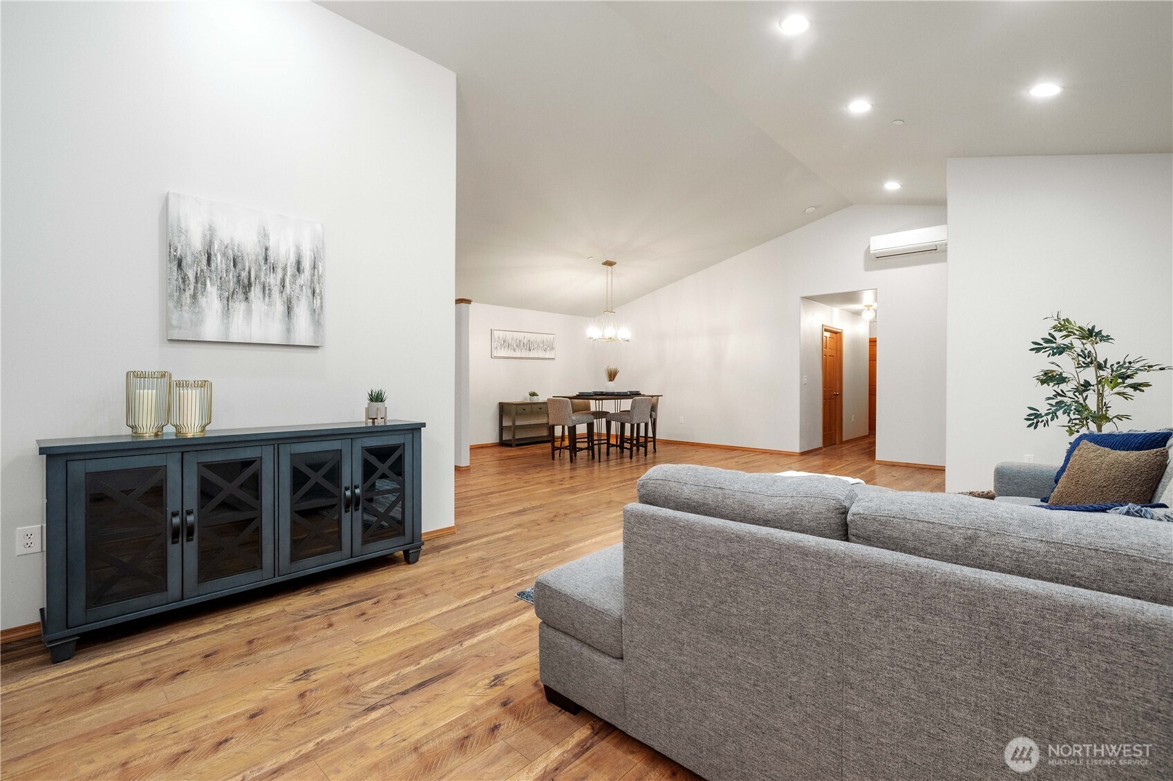 Great room with engineered hardwood floors