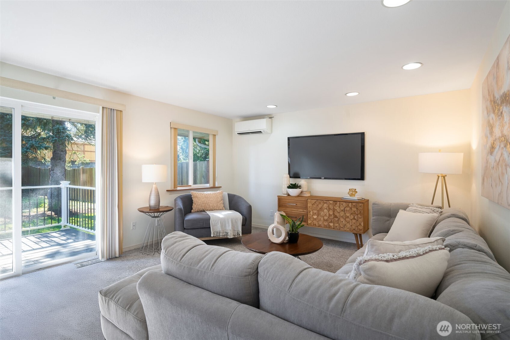 A spacious family room overlooking the back yard.