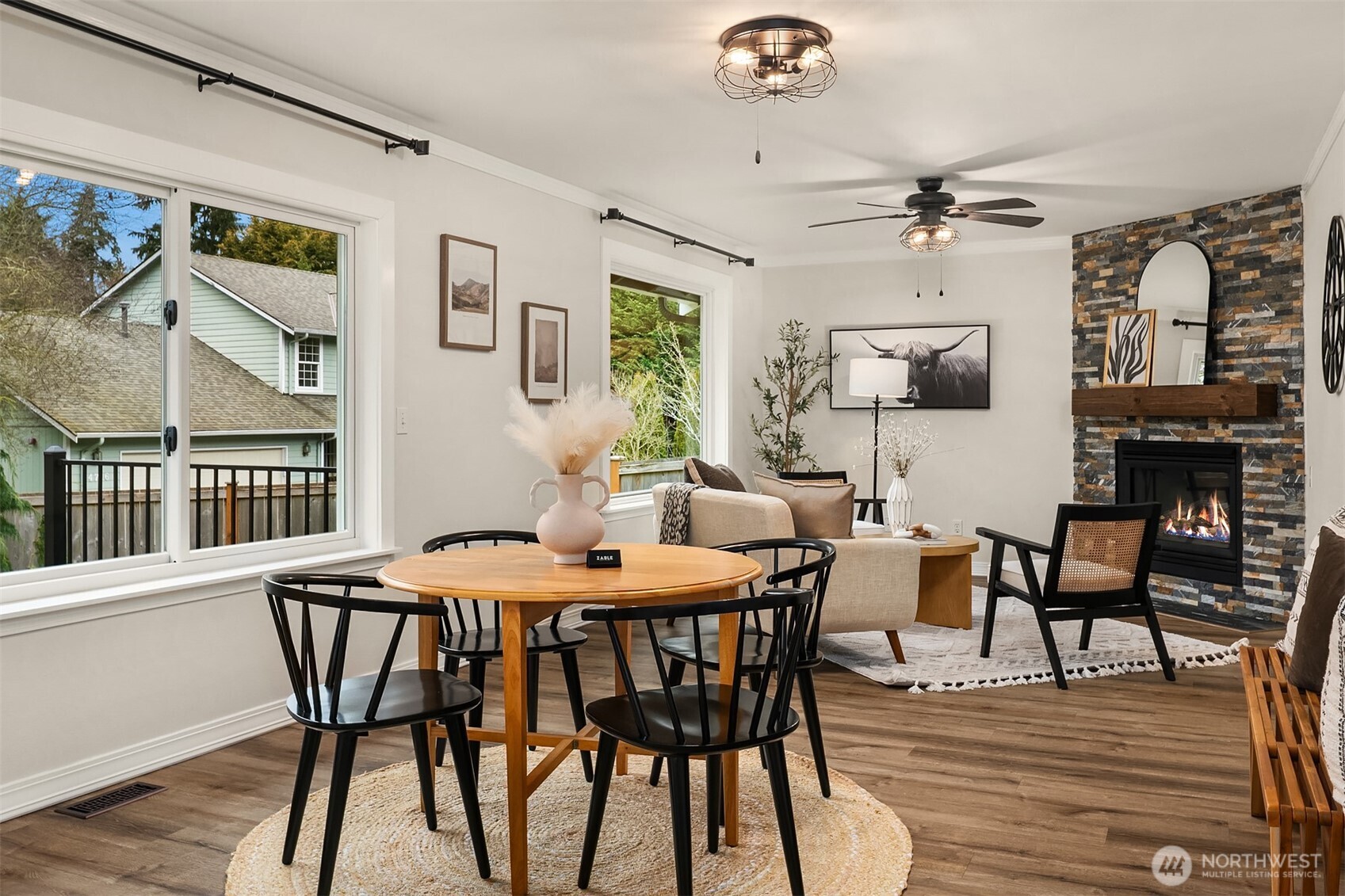 Updated fireplace surround gives a stylish ambiance to the entire room.