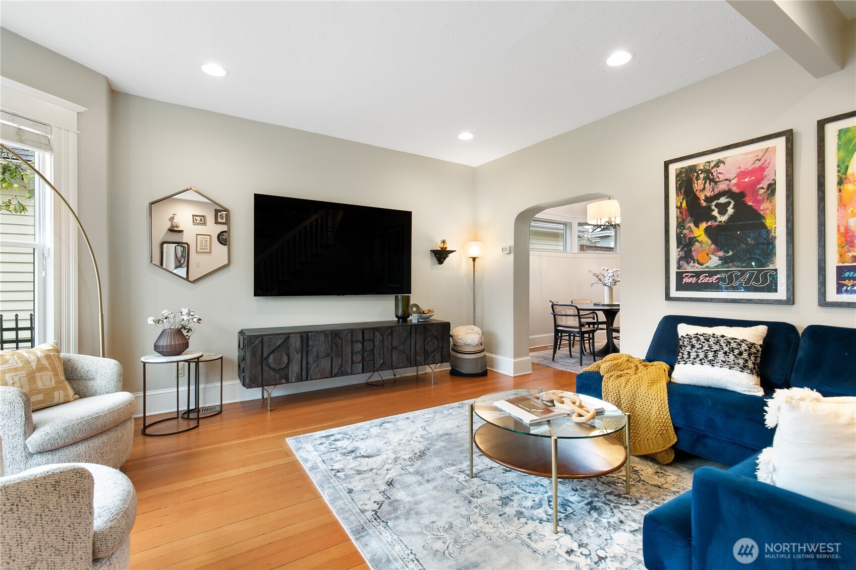 High ceilings and recessed lighting make this space open and inviting.