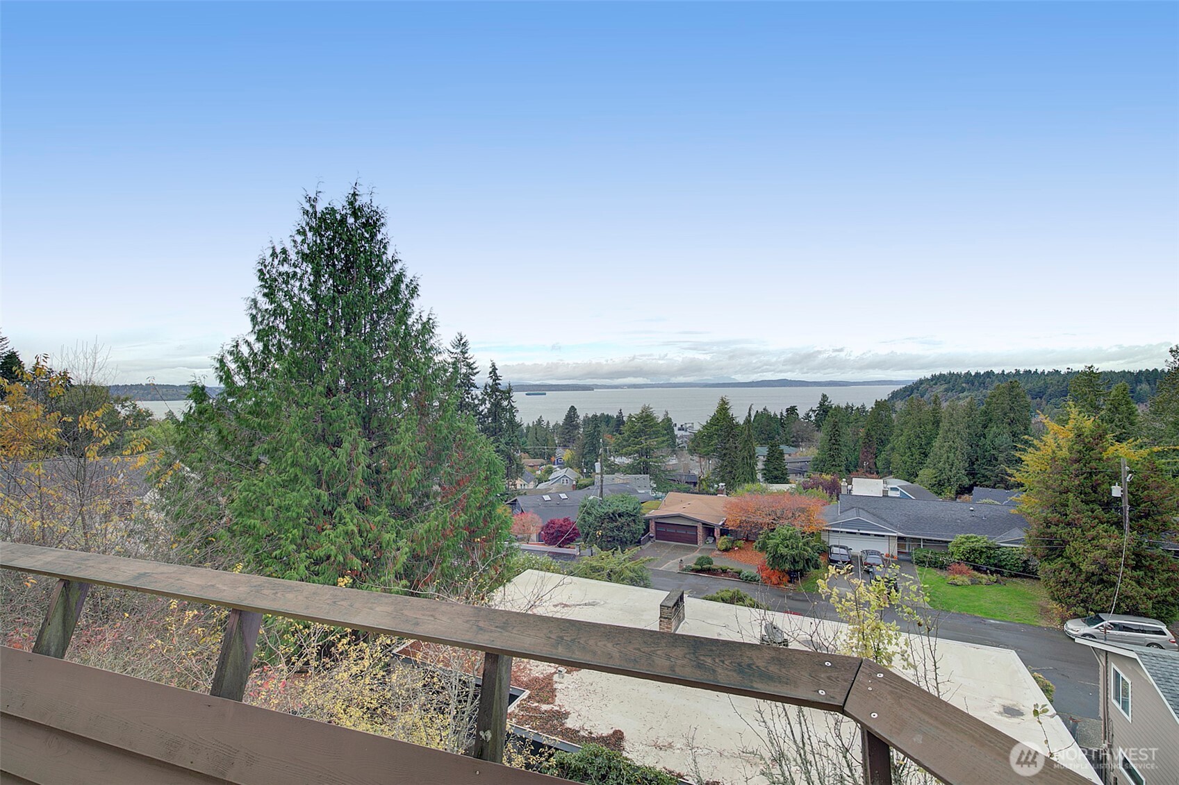 Spectacular panoramic views looking down on the Fauntleroy Ferry dock, Puget Sound, Lincoln Park & Olympic Mountains