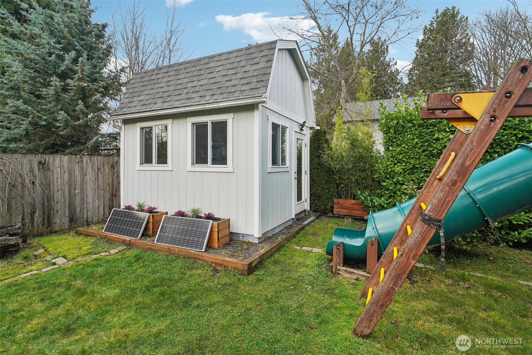 This detached shed/office is solar-powered!