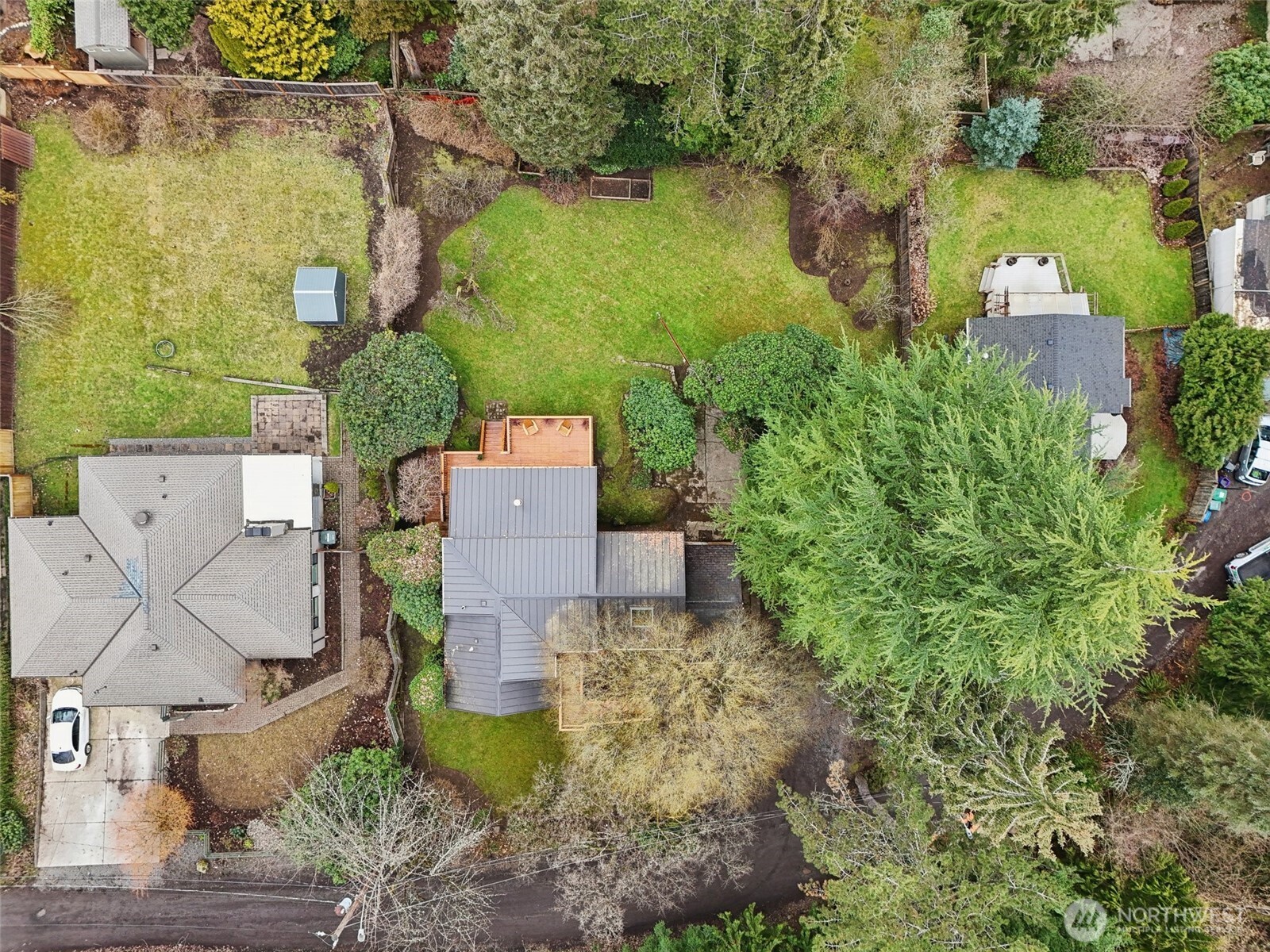 Aerial view showcases the 16,600 SqFt lot.