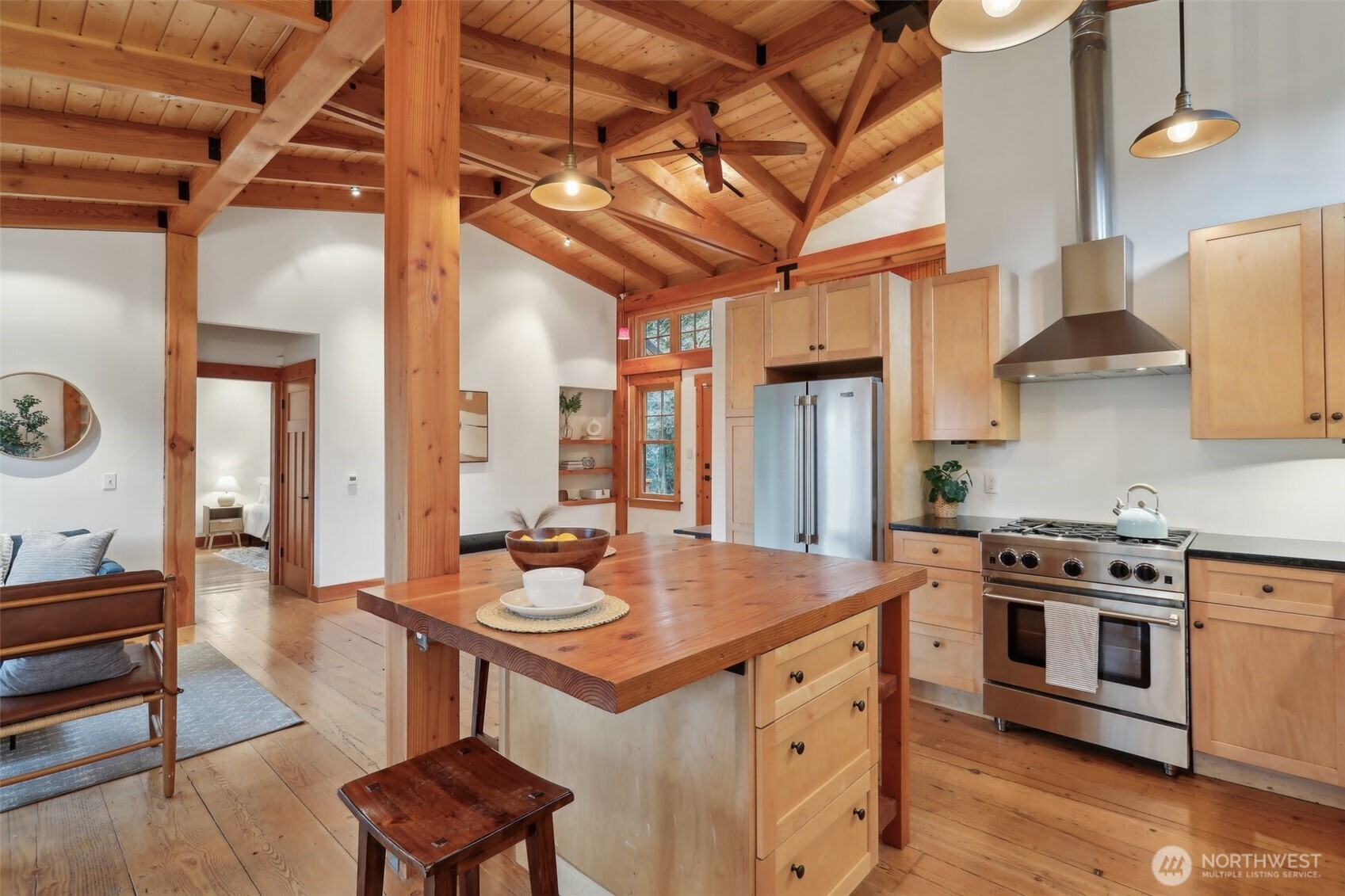 Vaulted pine ceilings.