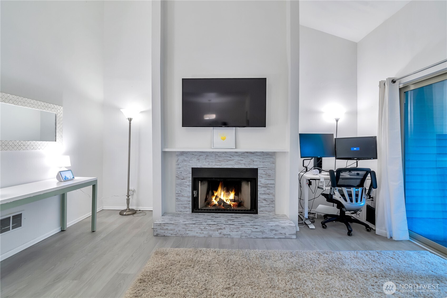 Living Room, Front door entrance and fire place