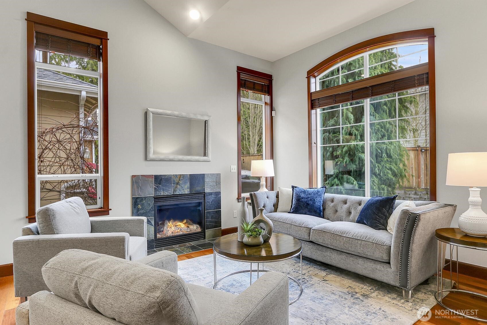 Bright living room with tall ceiling and a cozy gas fireplace.