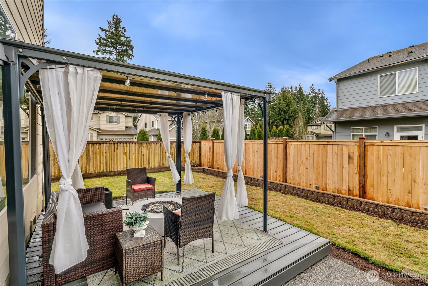 Cozy outdoor living space that includes a fireplace and protection from the elements