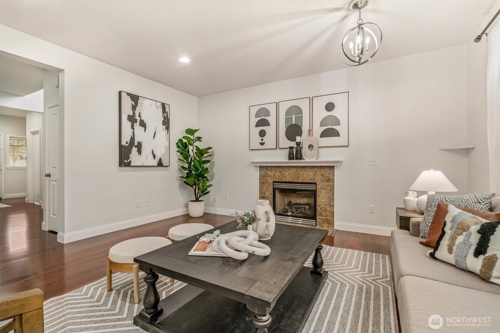 The gas fireplace is the center piece of this amazing living space