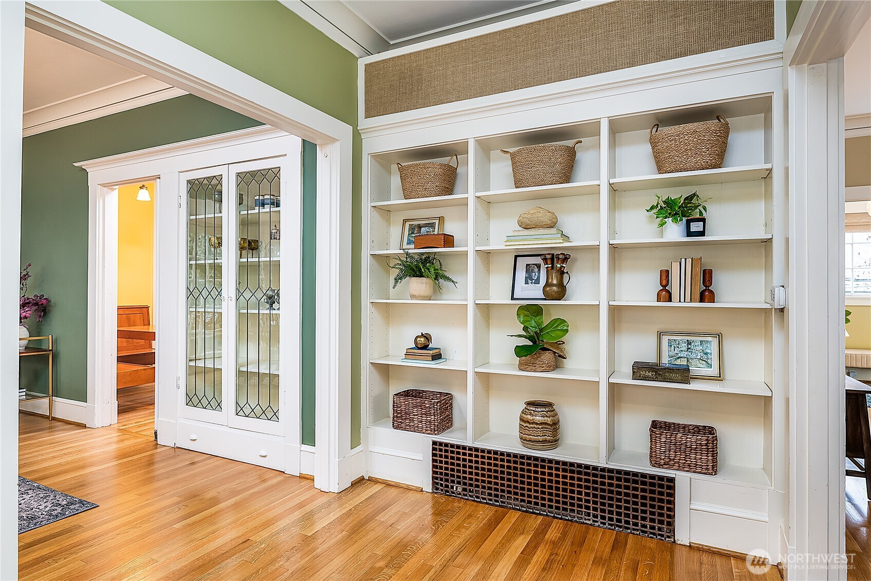 A close up of the shelving in the den.