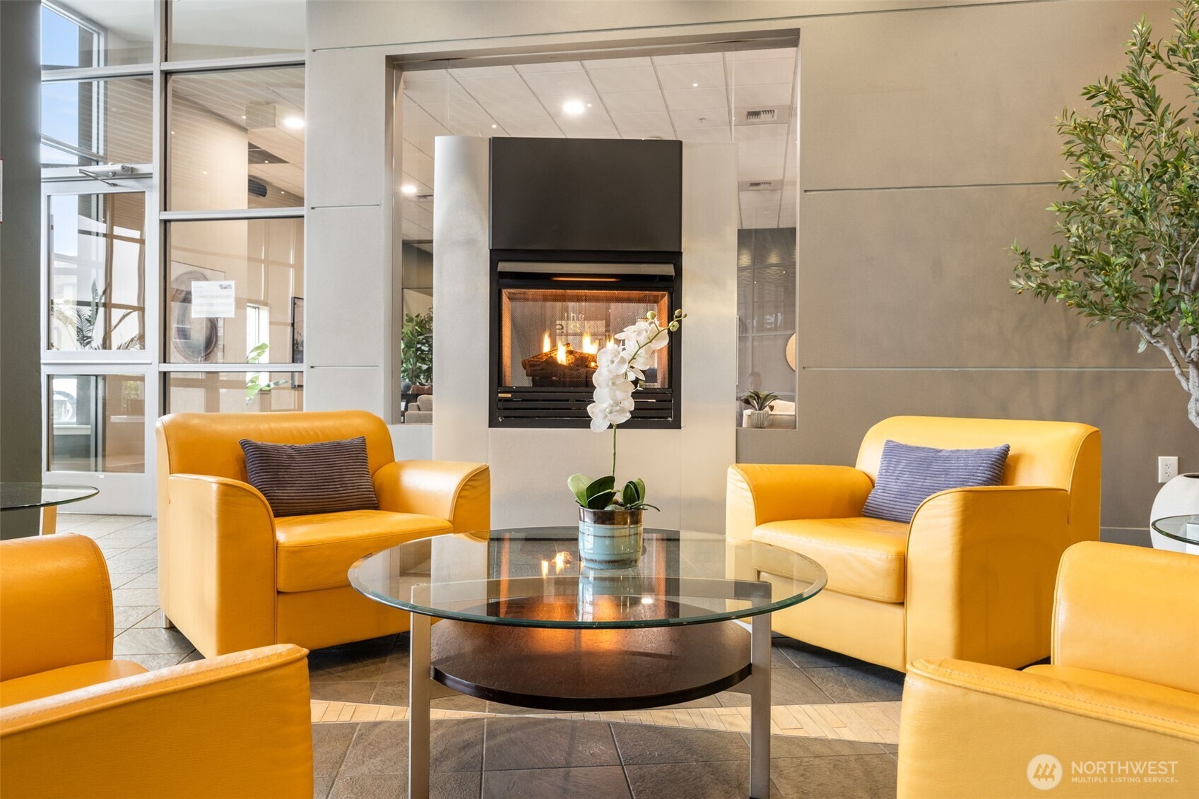 The dual sided gas fireplace in the lobby welcomes a respite from your busy schedules.