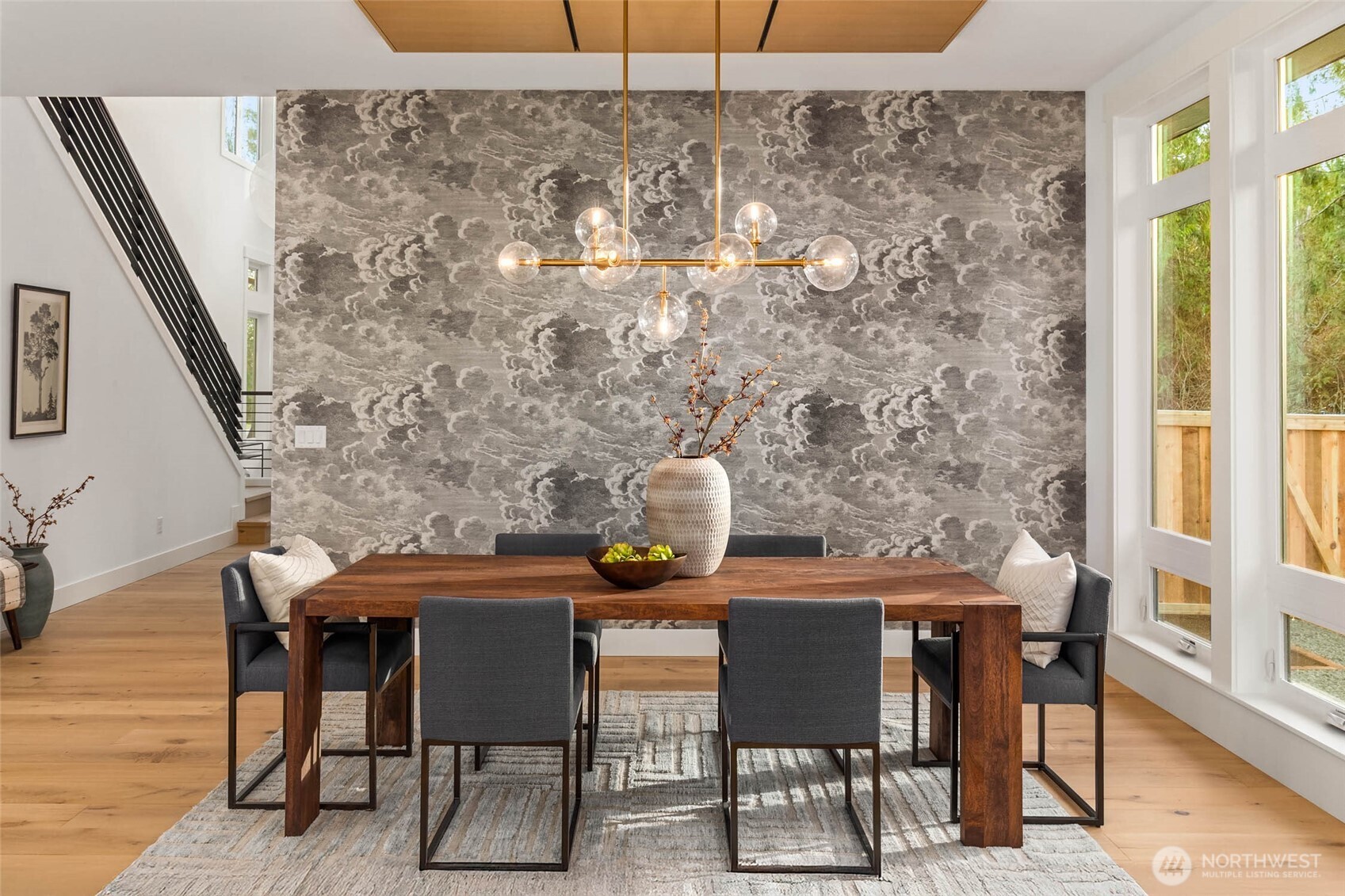 Stunning Custom Wallpaper accent Wall with Rift Oak Ceiling Detail Frame dedicated dining space