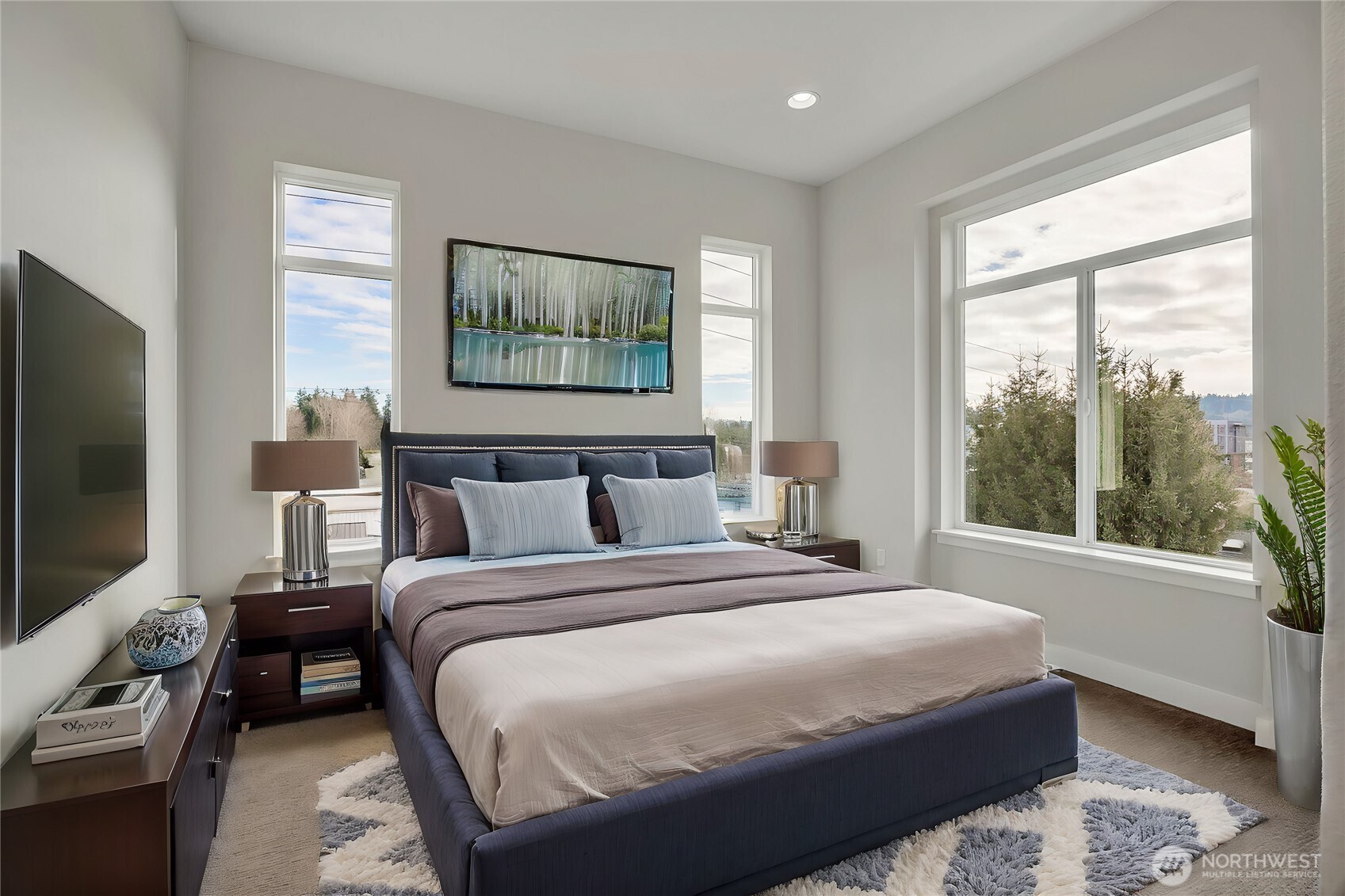 Bedroom Featuring New Gilded Lighting  Virtually staged
