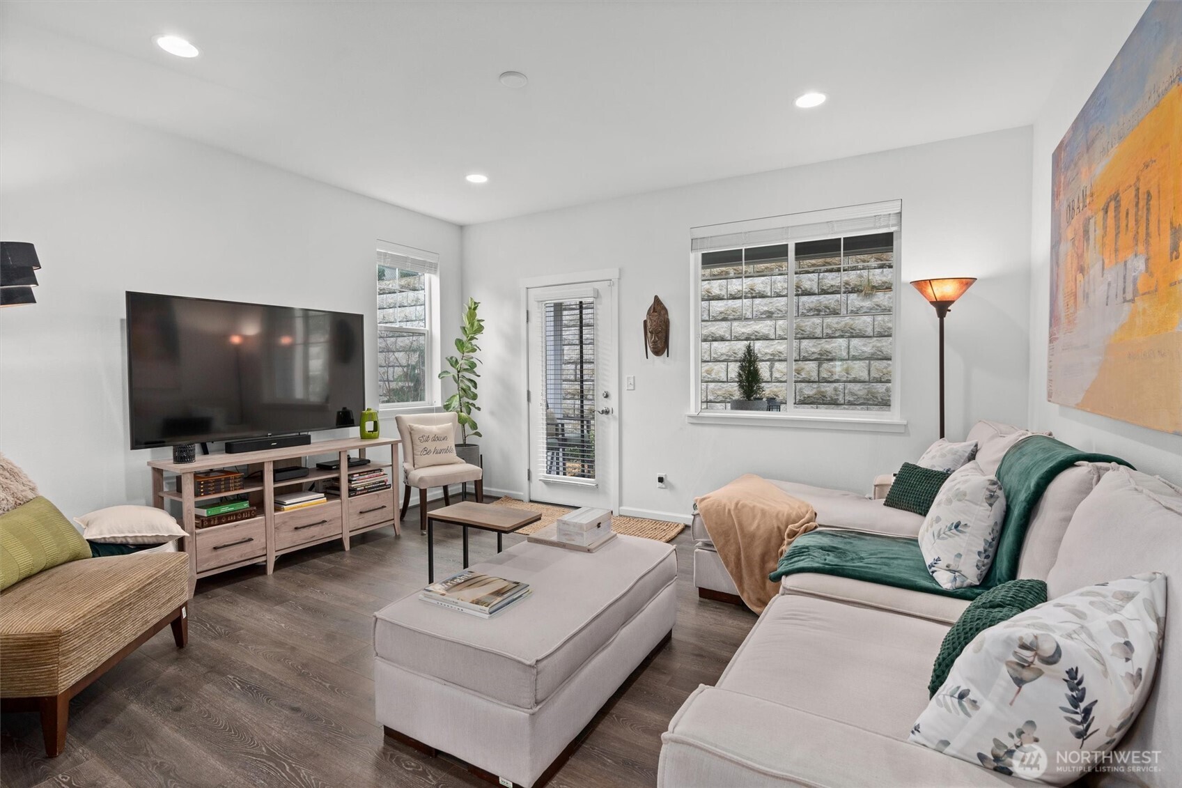 Living room with covered back patio