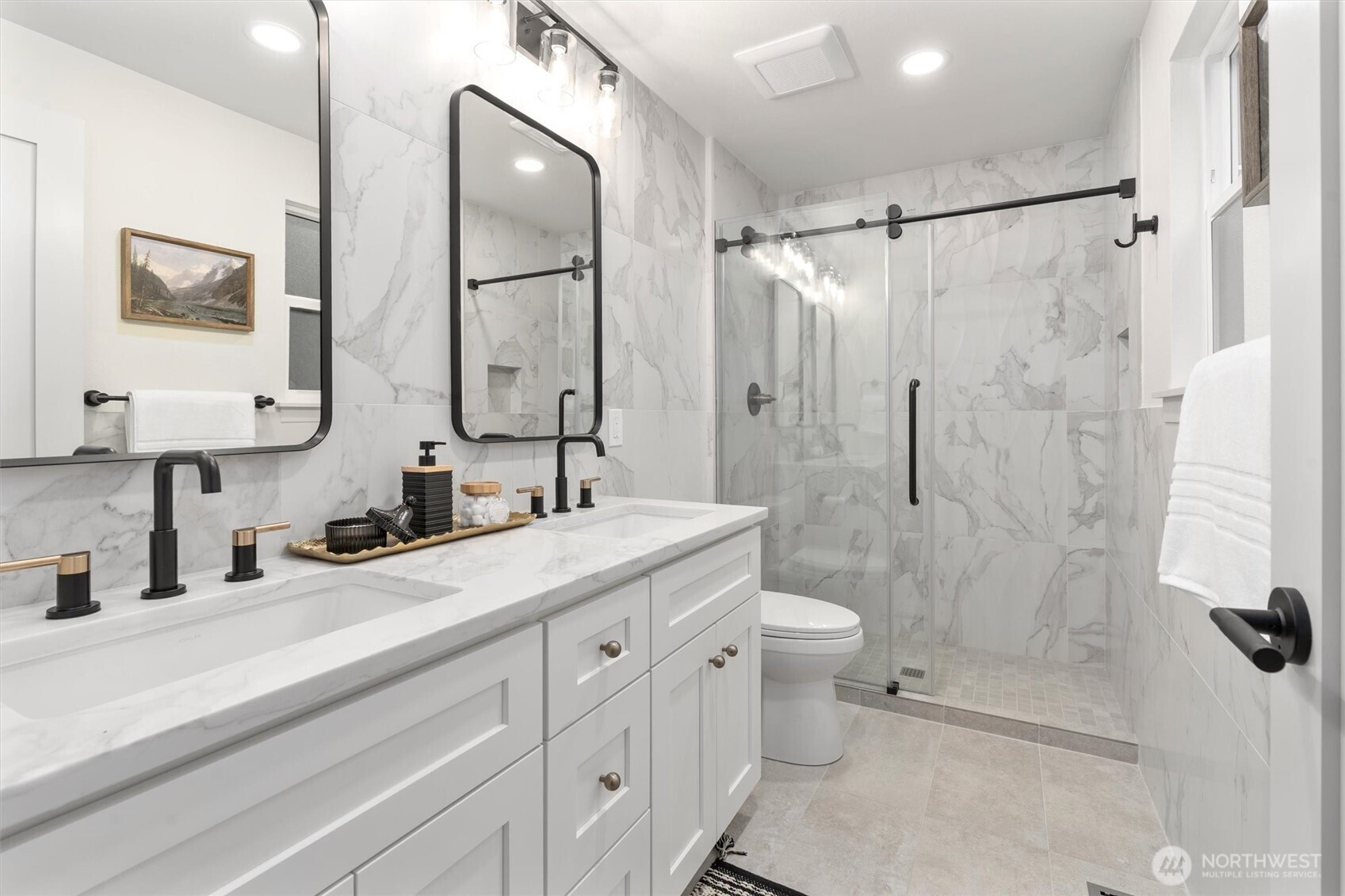 Gorgeous primary bathroom is incredible.  Custom tile, heated floor!!!!!