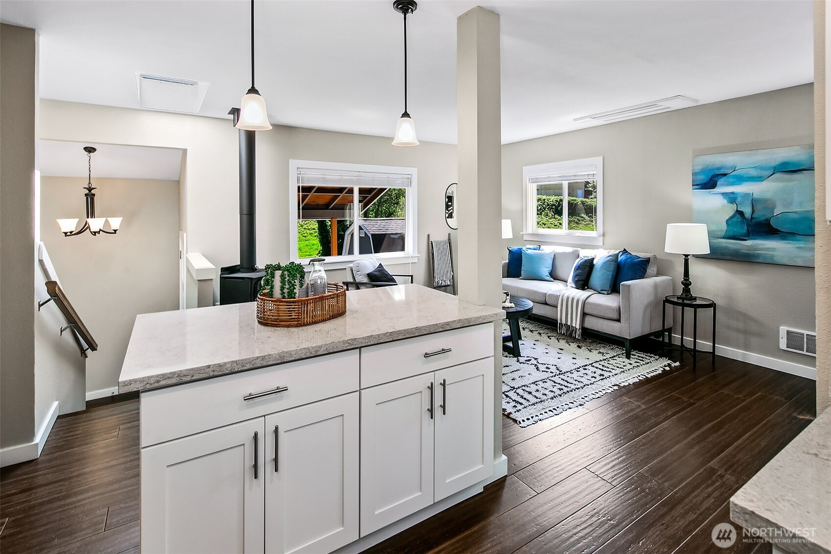 Kitchen is open and has a nice island. Dining room has access to a covered porch. All remodeled in 2018.