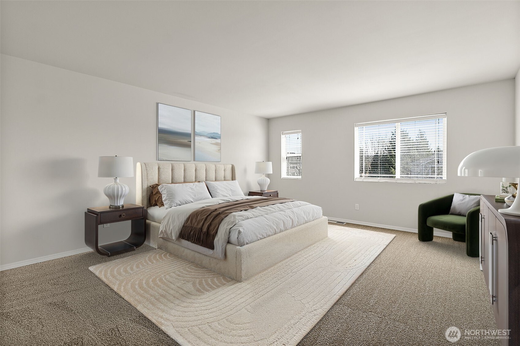 Nice large Primary Bedroom. Partial top of Mt Rainier view from these windows on a clear day! Virtually Staged