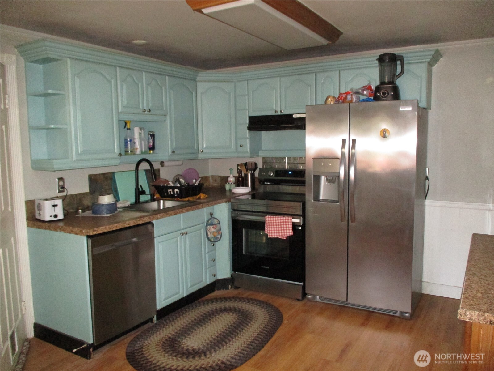 Large kitchen with eating area.