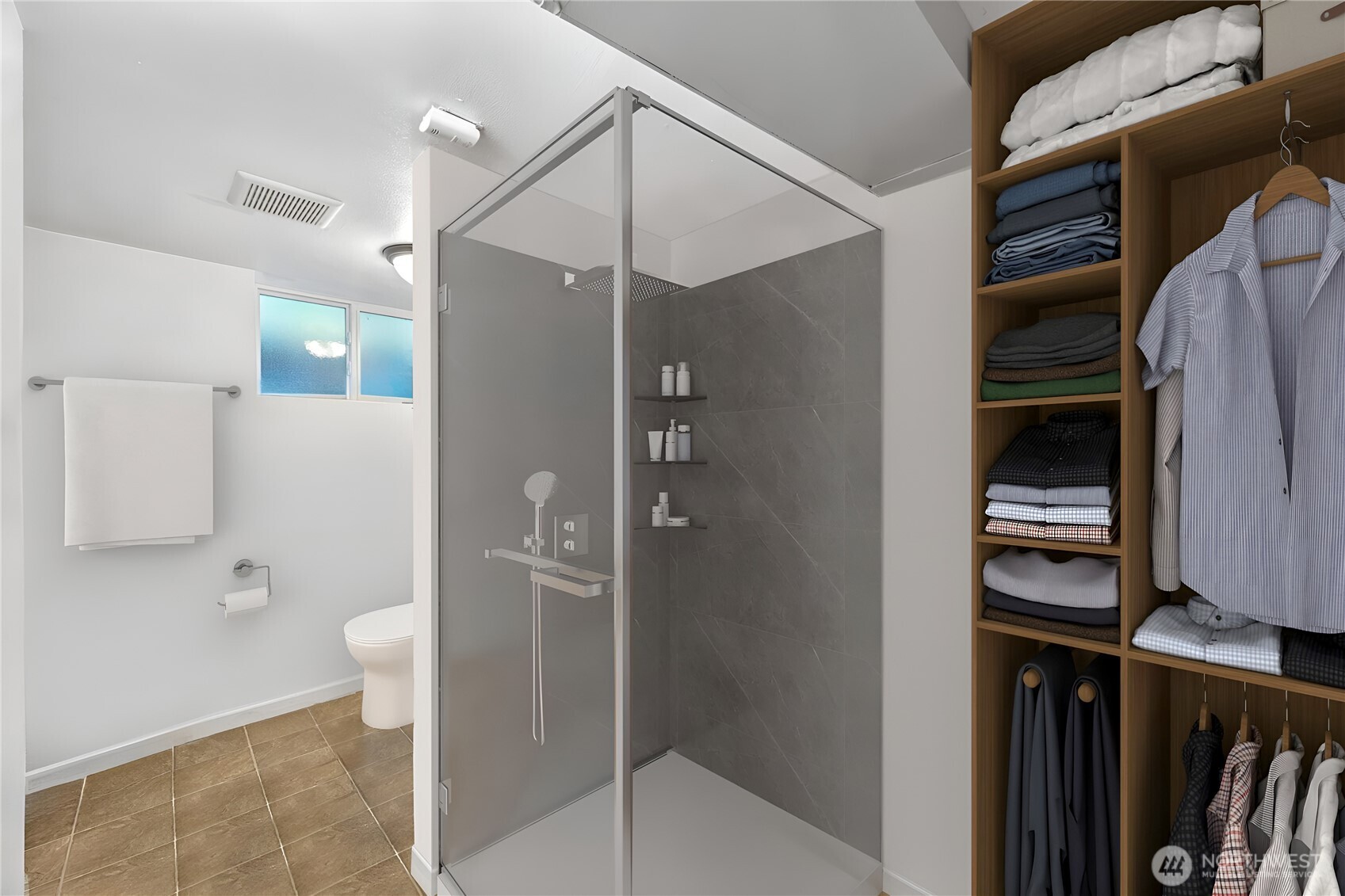 Primary bath with AI rendering of potential new shower and cabinet.