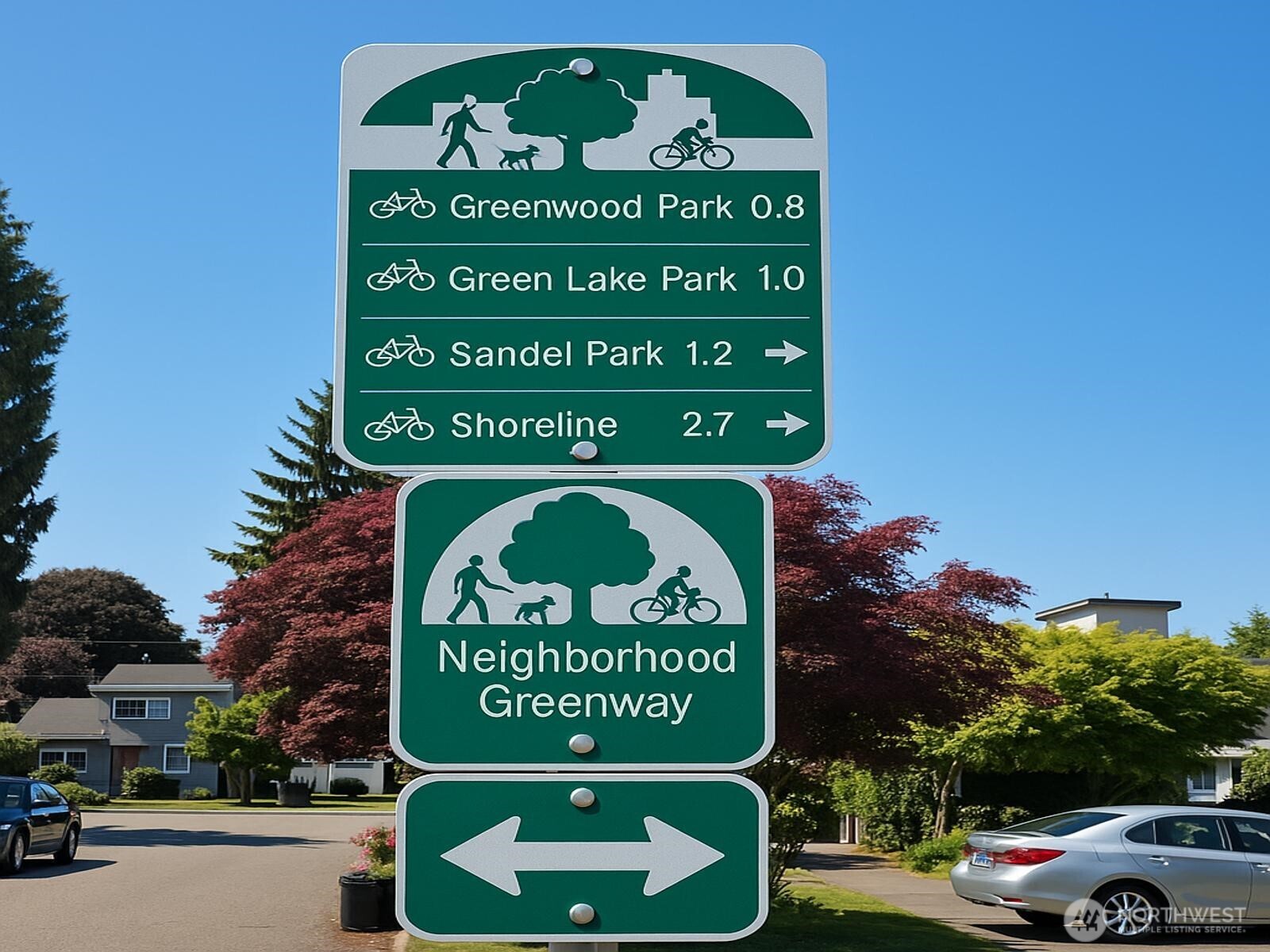 This sign is across from the property. Neighborhood greenway! Very short ride to Green Lake and Greenwood Park by way of Healthy Street and neighborhood greenway.