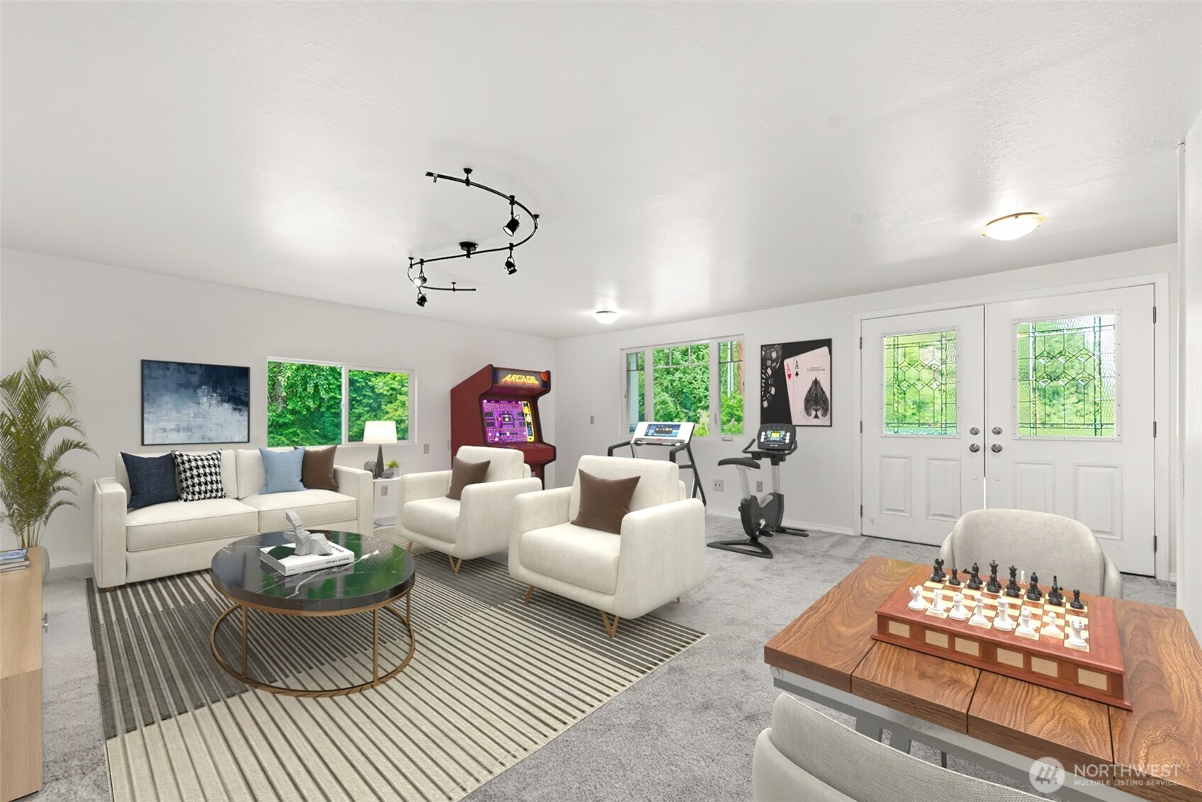 Enormous Bonus room a perfect space for media, gaming, recreation, hobbies, fitness and more! French doors open to the to the front porch. This room is virtually staged.