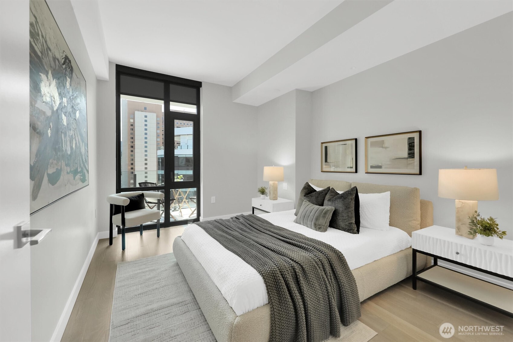 Bedroom with floor to ceiling windows
