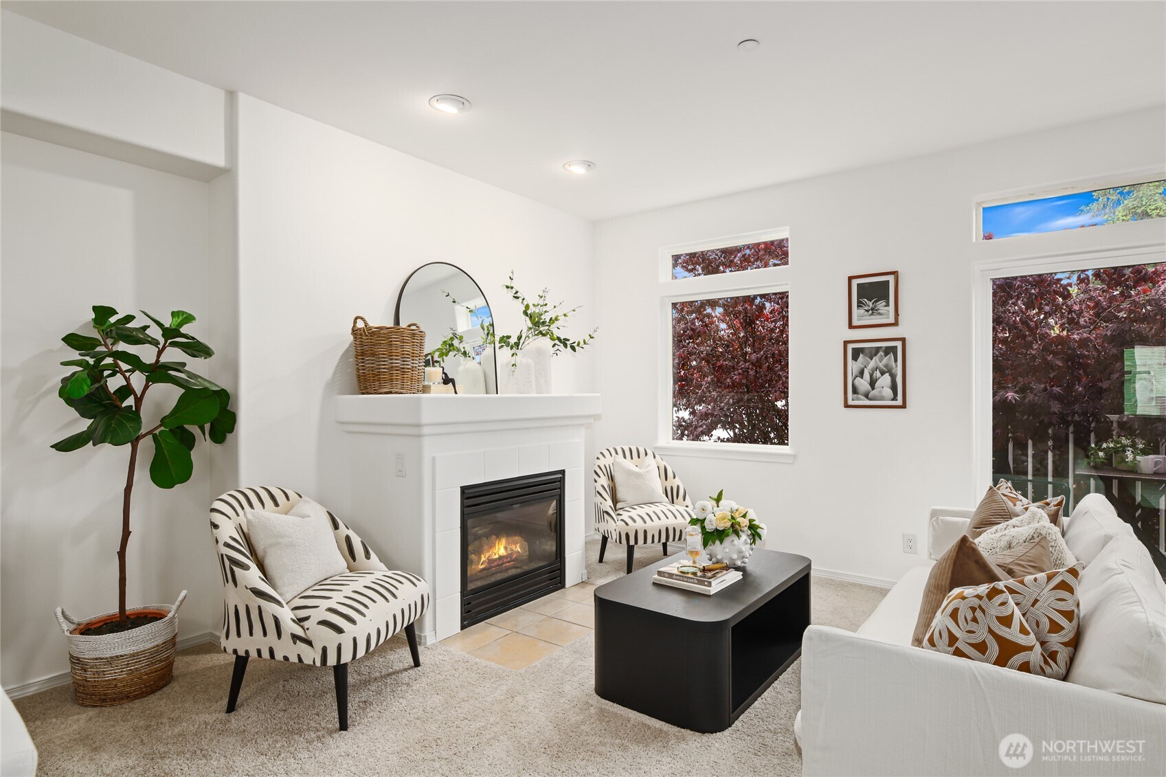 Large gas fireplace in living room.