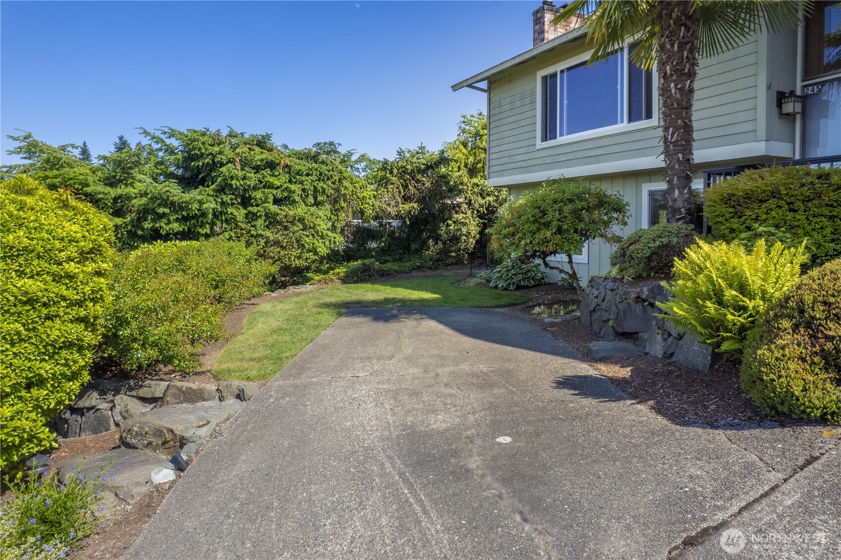 Ariel view of the back yard. The overall impression is one of peace and harmony, a serene oasis within a suburban landscape.