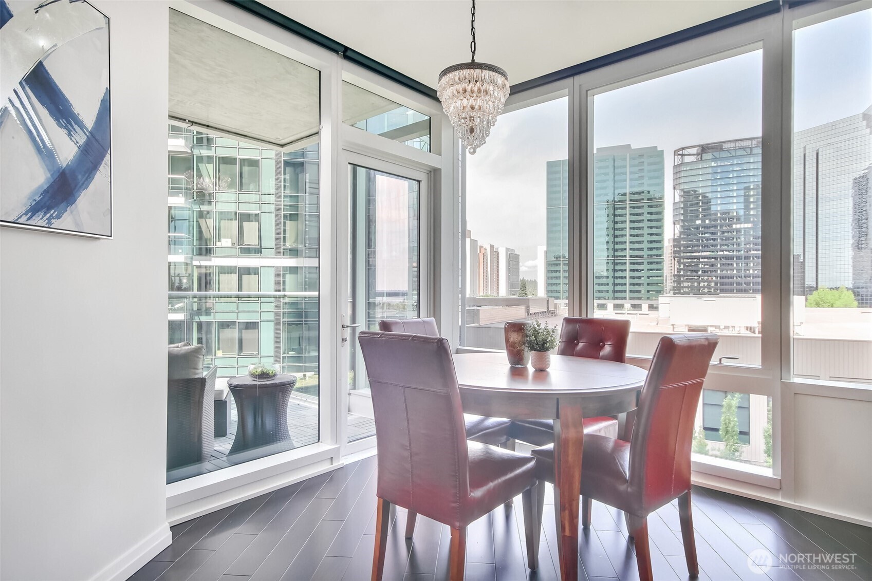 Dining area with crystal chandelier
