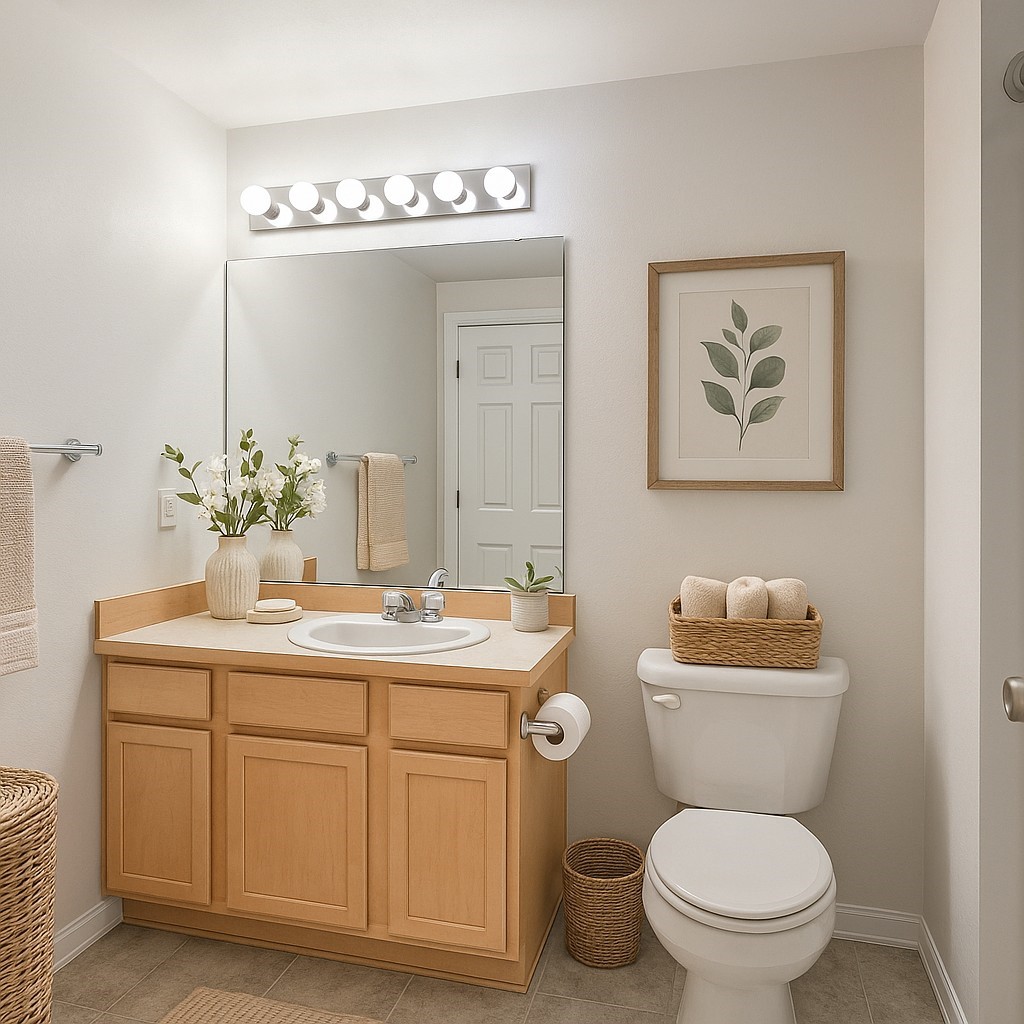 Full bathroom with two doors for entry.