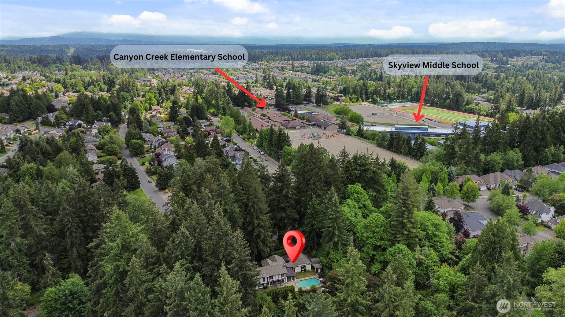 A great arial view showing how close this property is to area schools.