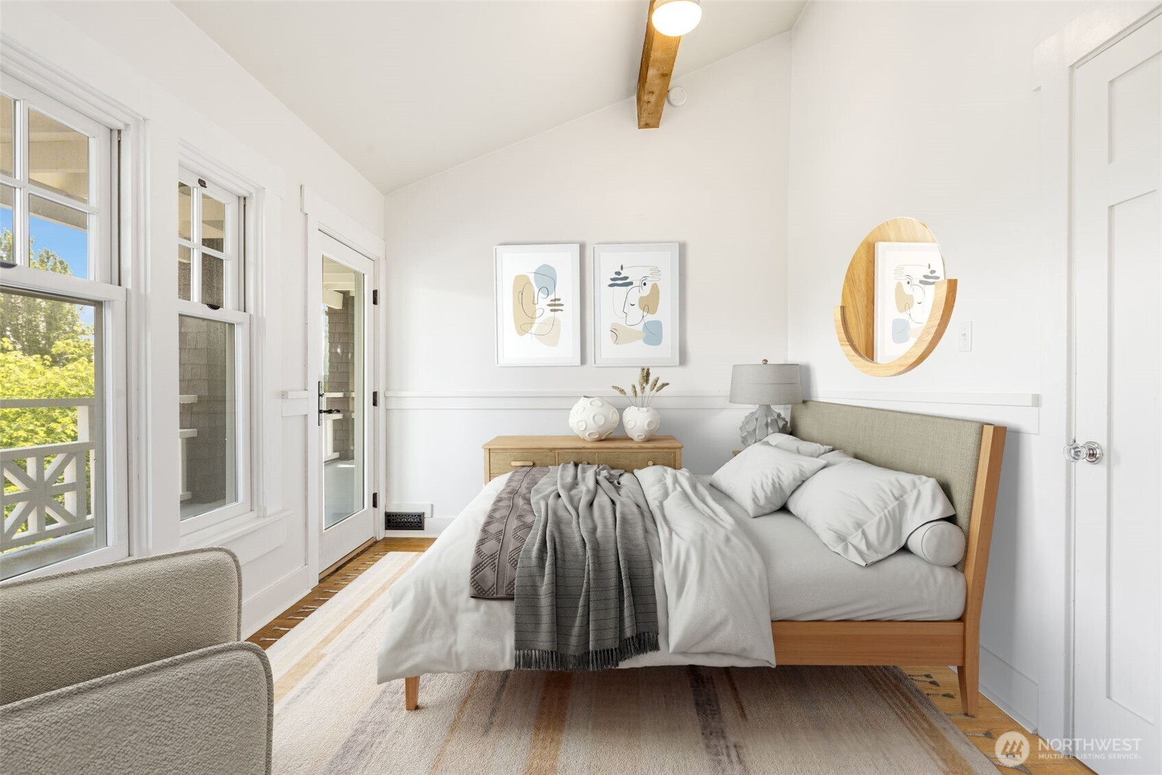 Second upper bedroom or office with large bookshelf and upper porch walkout