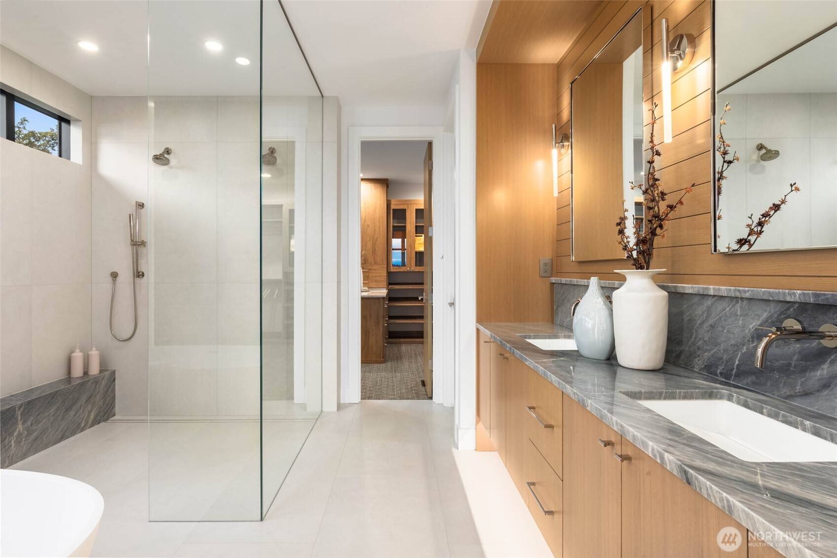 Heated Floors in Bath, Zero-entry Walk-in Shower, MTI Designer Tub, Custom Built-in Shelving System