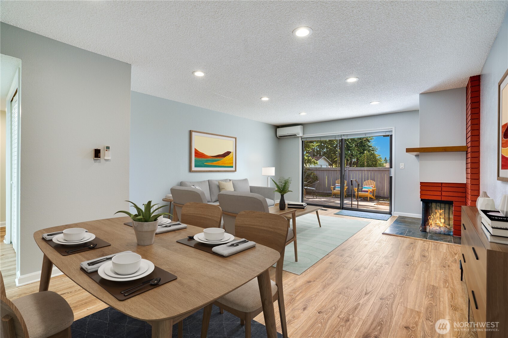 View looking back to the kitchen with a pass-through allows easy access to for entertaining.