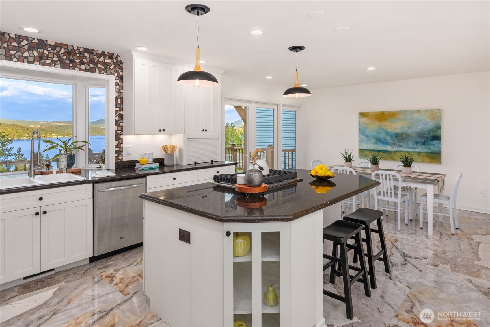 Thoughtful display shelves and counter seating, as well as informal dining space.